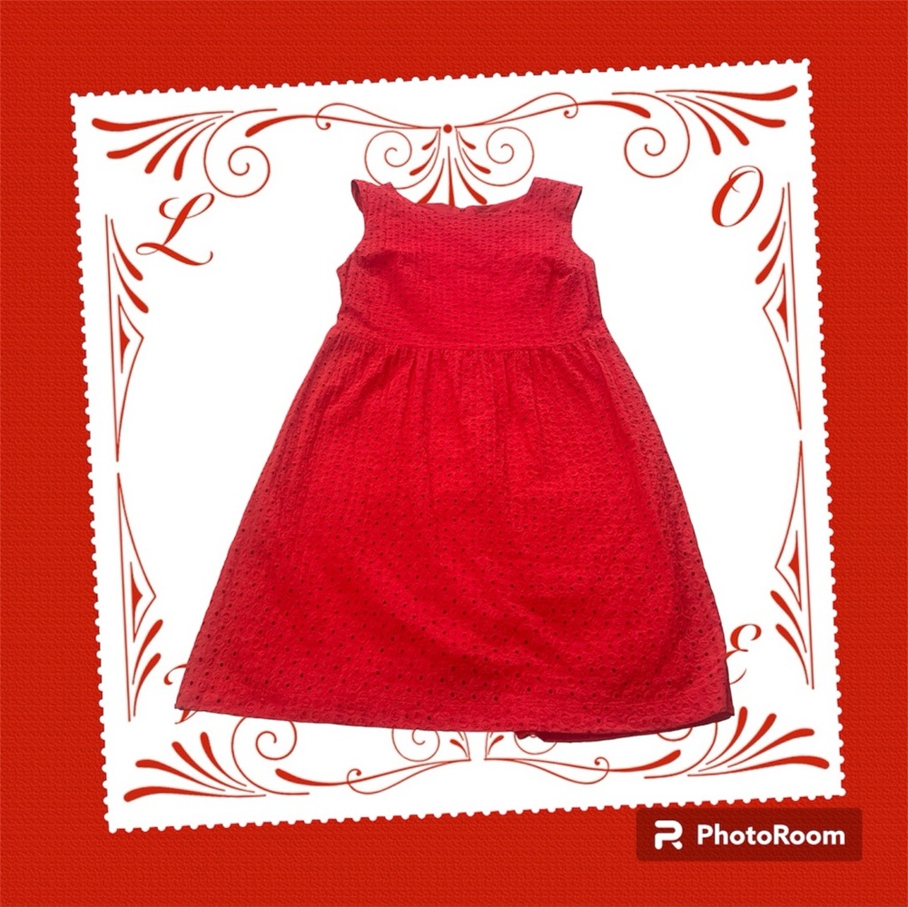 EUC. Women’s Red Cotton Eyelet Sleeveless Dress. Zip Back. Knee Length.